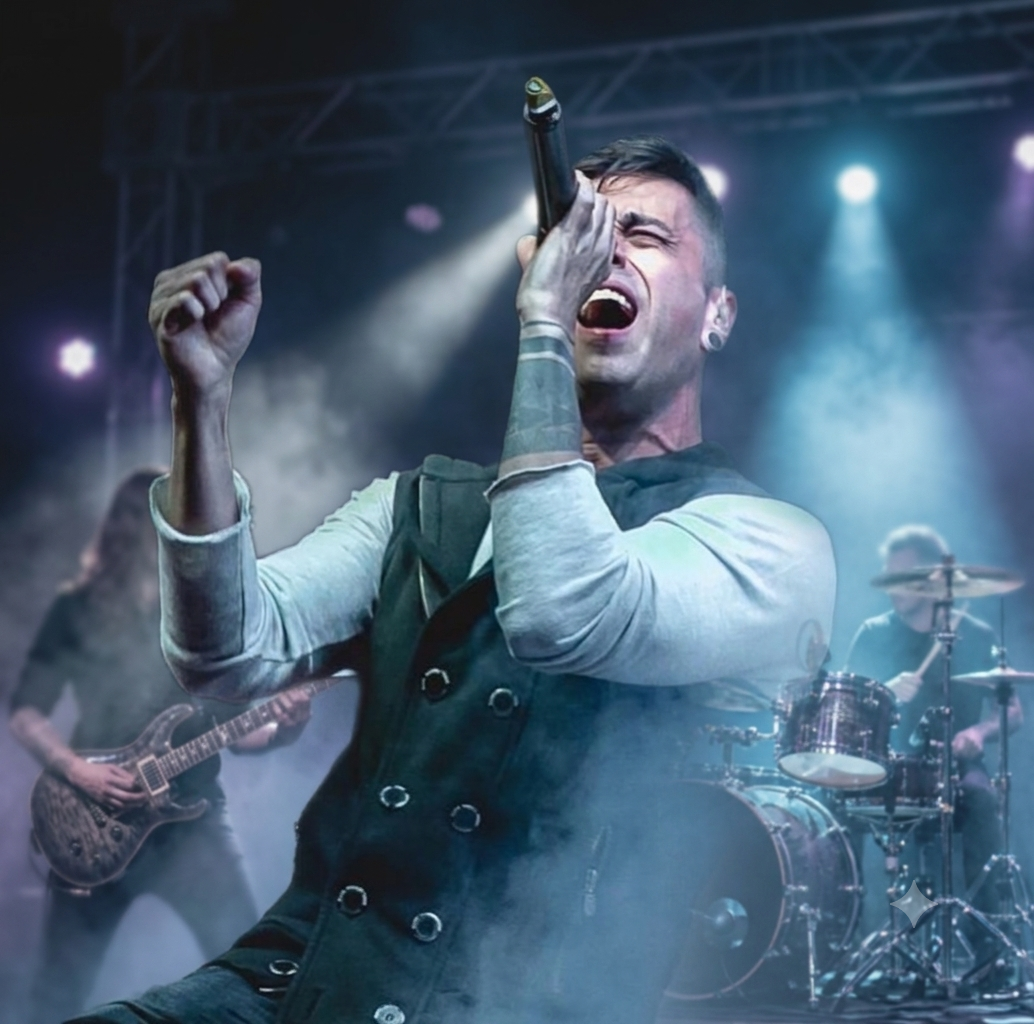 Cristopher Clark cantando ao vivo em um palco com iluminação intensa