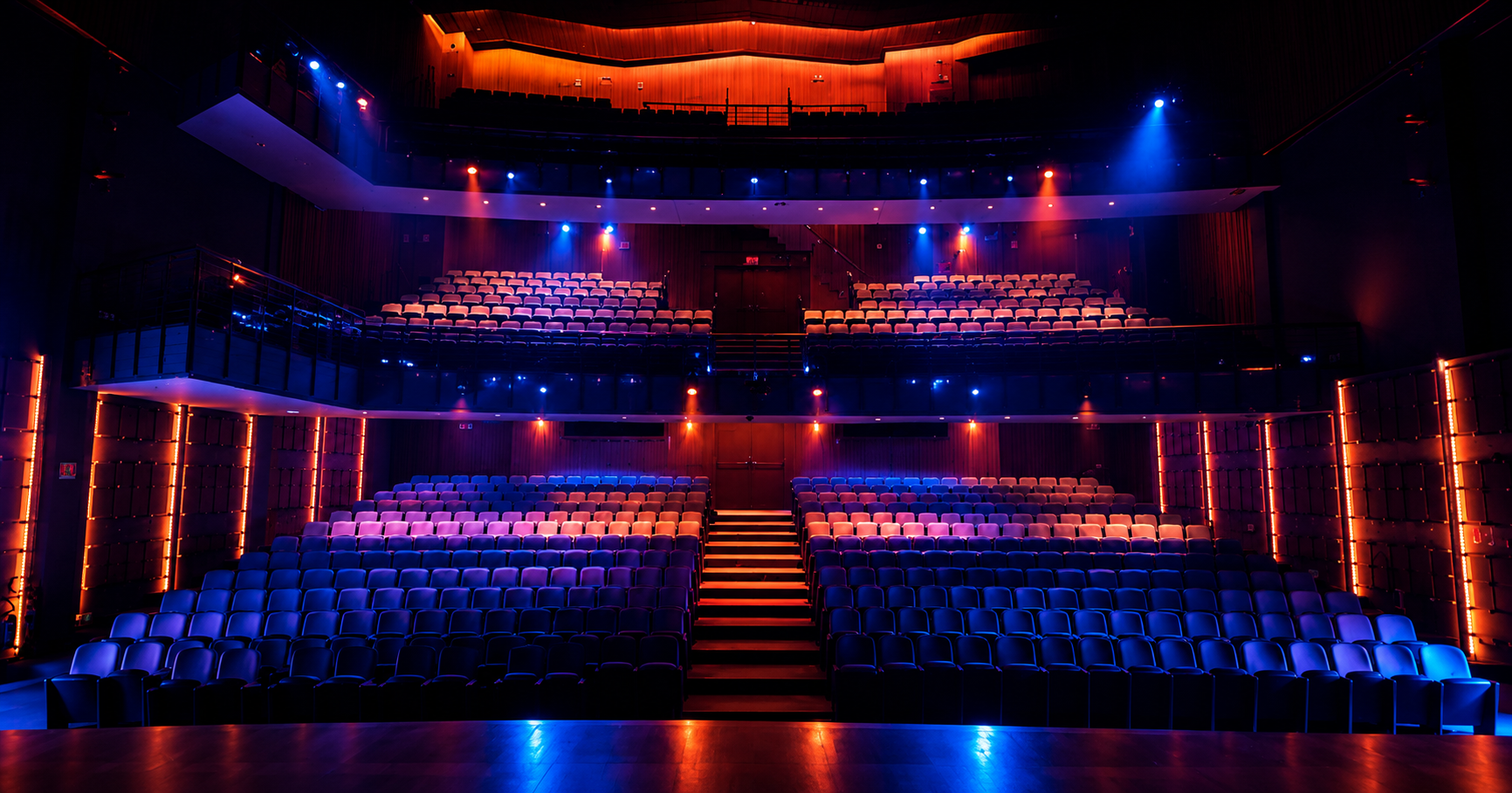 Auditório do Teatro Gamaro com iluminação de palco em azul e laranja